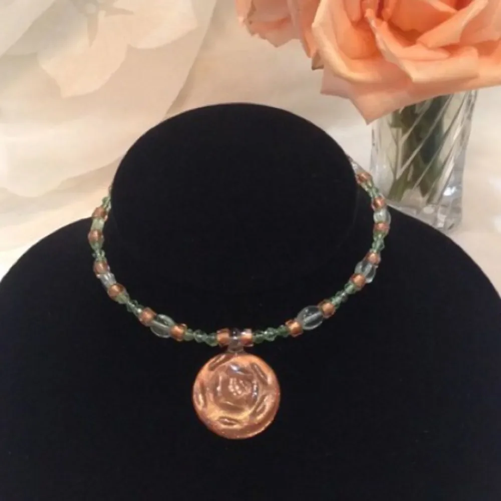 Vintage Bead Choker With Glass Flower Pendant